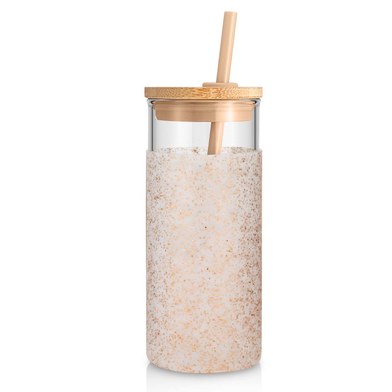 Tronco 20 oz Glass Tumbler with Lid and Straw, Iced Coffee Cup and Smoothie Cup with Bamboo Lids & Protective Silicone Sleeve, Dishwasher Safe, BPA-Free, Glass Cup 1 Pack - Image 1